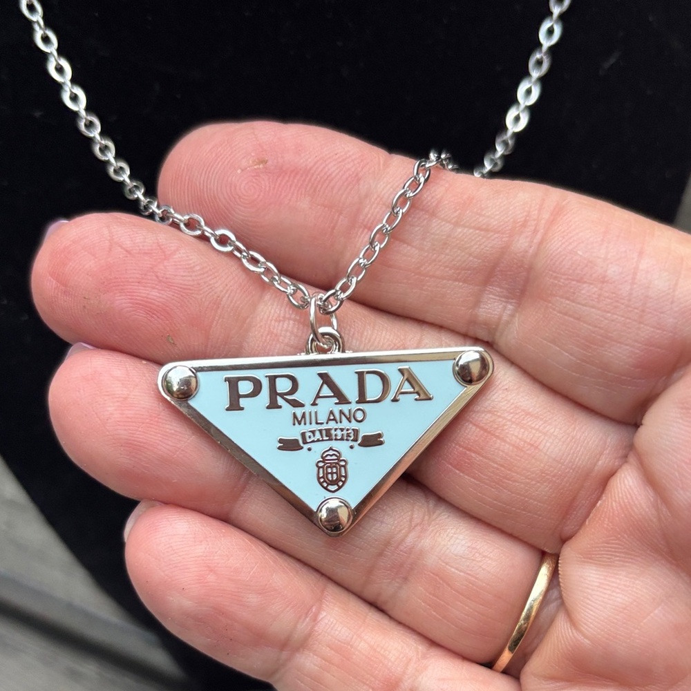 Prada Silver and Tiffany Blue Triangle Pendant Necklace - Picture 2 of 6